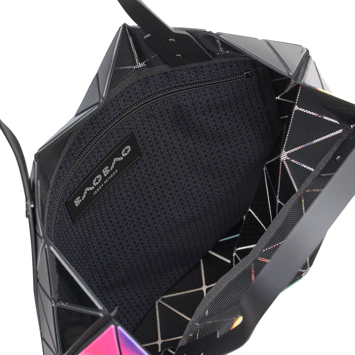 Bao Bao Issey Miyake Warp Tote Bag in a 6×6 geometric panel grid featuring an iridescent multicolour print of pink, violet, cobalt, and amber, with a black patent top handle on a white background - view 4
