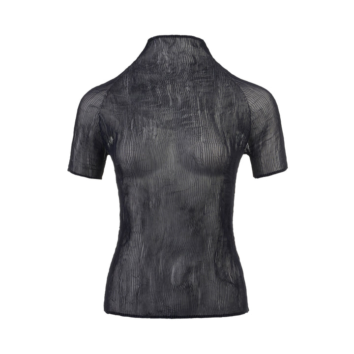 Issey Miyake Chiffon Twist Short Sleeve Shirt in black, featuring sheer pleated fabric and a high mock-neck collar, shown from the back on a mannequin