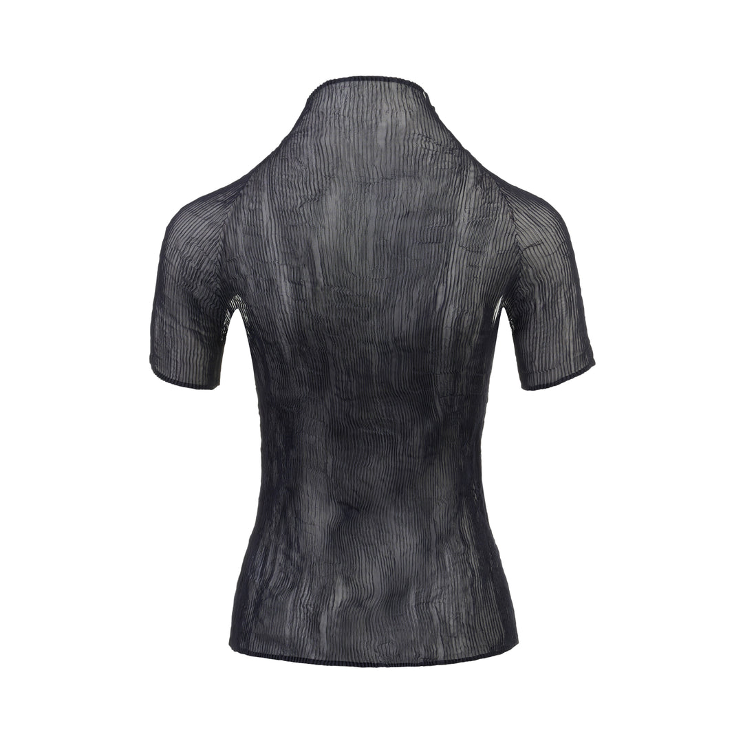Issey Miyake Chiffon Twist Short Sleeve Shirt in black, featuring sheer pleated fabric and a high mock-neck collar, shown from the back on a mannequin - view 2
