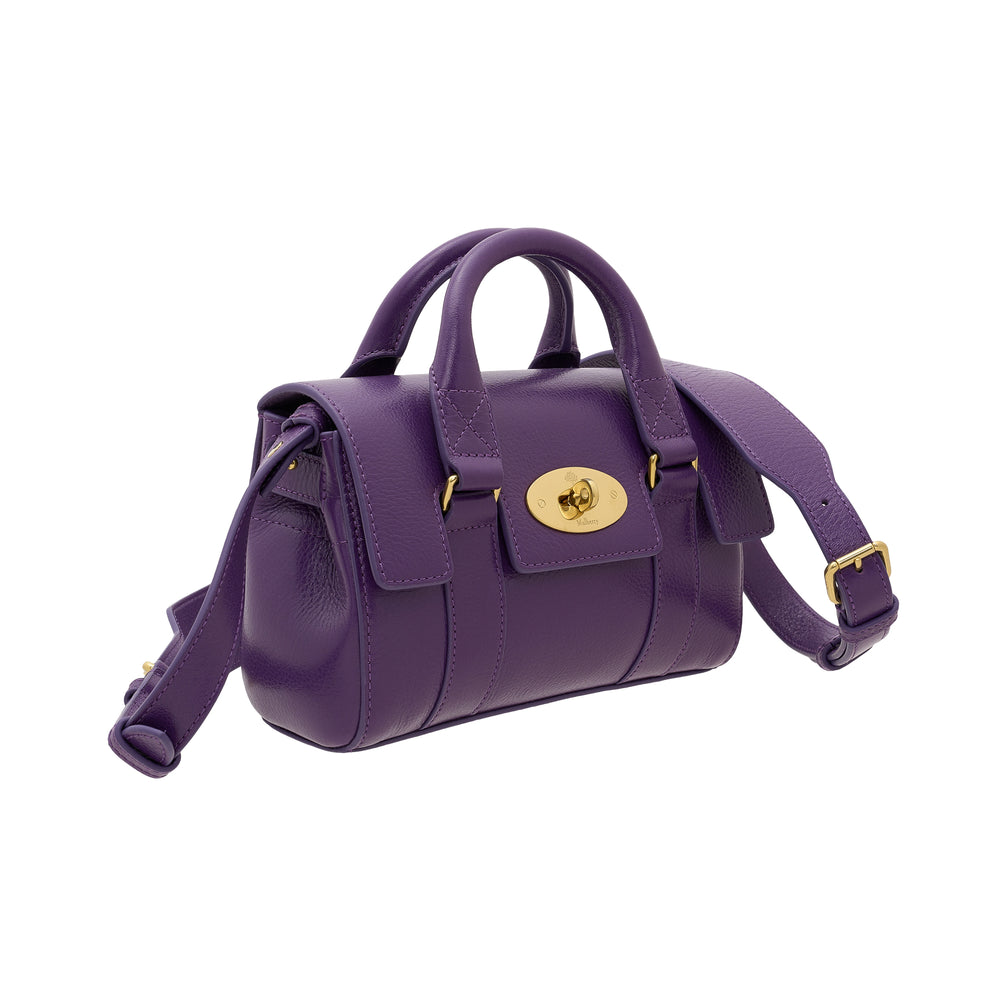 Mulberry Mini Heritage Bayswater bag in purple pebbled leather with gold-tone twist-lock closure, dual rolled top handles, and adjustable crossbody strap - view 2