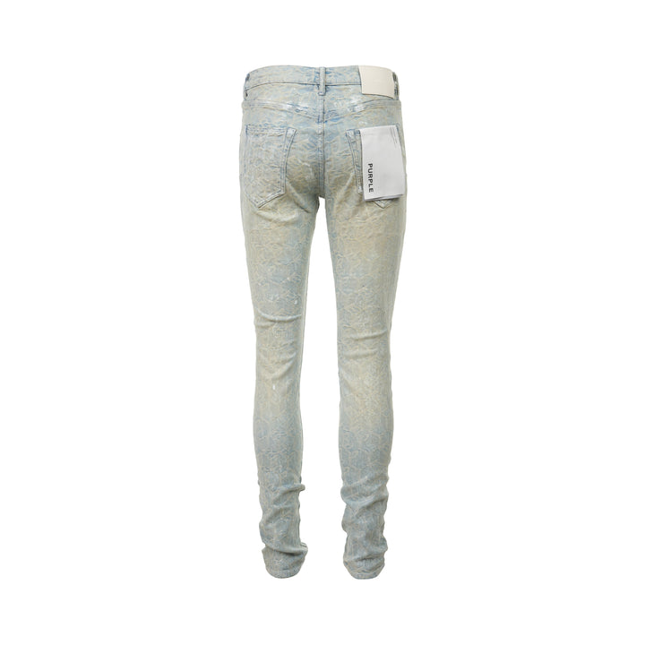Purple Skinny Jacquard Monogram Jeans in light wash denim featuring an all-over tonal monogram jacquard weave and distressed knee detailing - view 2