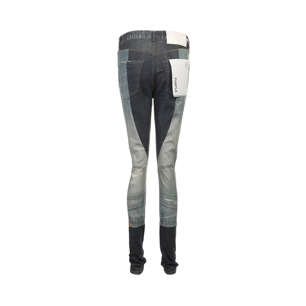 Purple Brand Skinny Upside Down Jeans in two-tone denim — light faded indigo upper body with deep charcoal lower legs and articulated knee panelling, slim skinny fit, front view on white background - view 2
