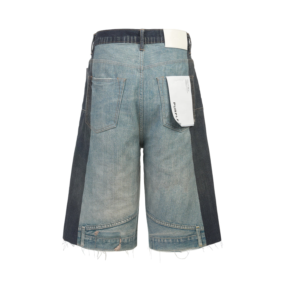 Purple Upside Down Denim Shorts with contrast dark indigo and faded wash panels, carpenter arc pockets, and raw frayed hem, photographed flat on a white background - view 2