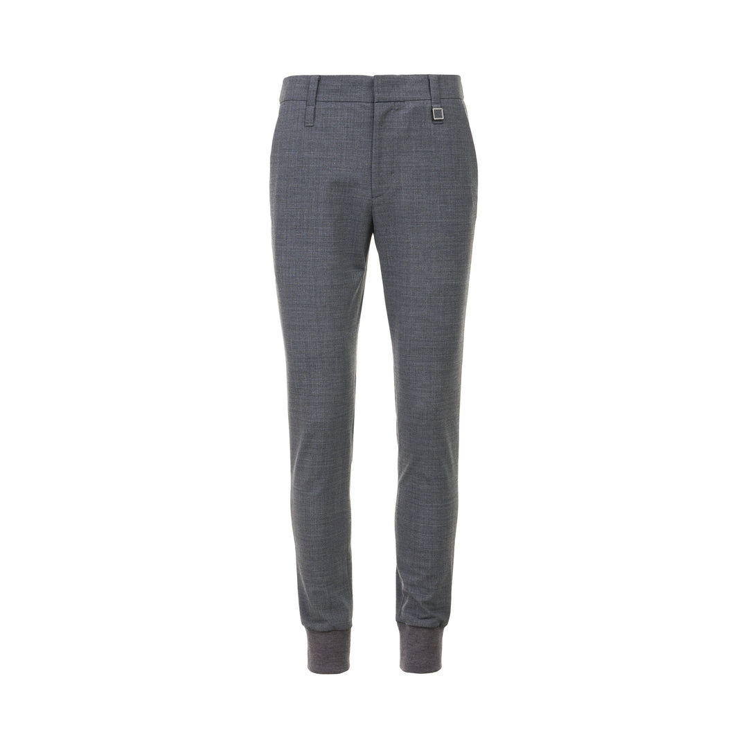 Wooyoungmi Elastic Waist Slim Pants in grey mélange fabric with ribbed knit cuffs and metal hardware detail at the waistband, front view
