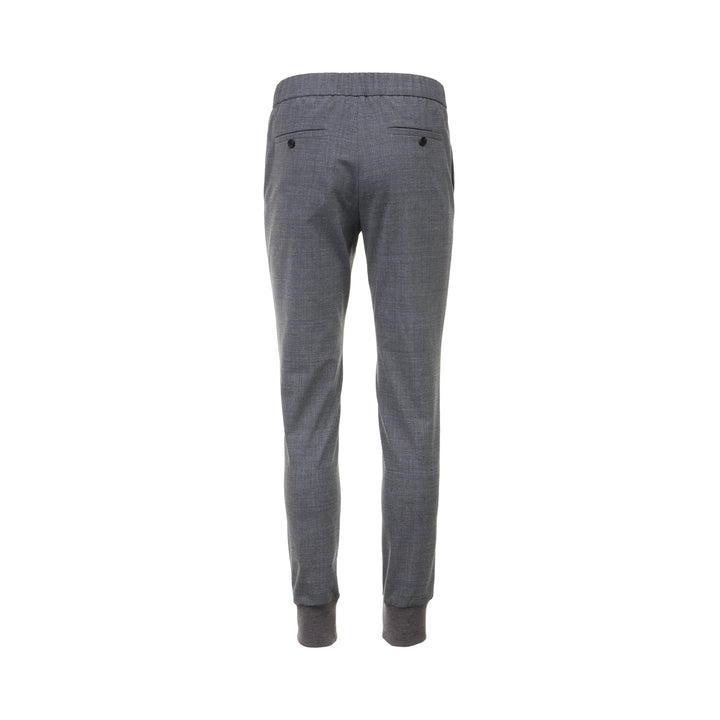 Wooyoungmi Elastic Waist Slim Pants in grey mélange fabric with ribbed knit cuffs and metal hardware detail at the waistband, front view - view 2