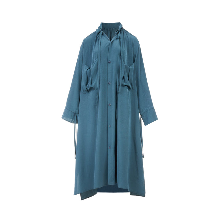 Y's teal blue gather collar shirt dress with tie neck, button front fastening, oversized patch pockets, and ribbon cuff ties, displayed flat on white background