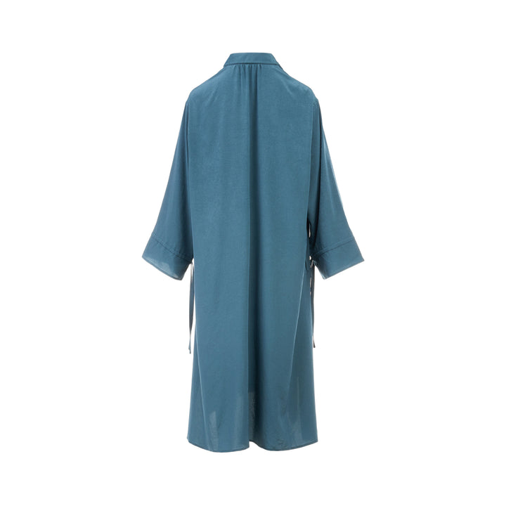 Y's teal blue gather collar shirt dress with tie neck, button front fastening, oversized patch pockets, and ribbon cuff ties, displayed flat on white background - view 2