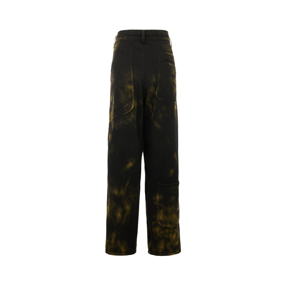 Y's Ko-5pk wide-leg black denim pants with golden bleach tie-dye wash, oversized front patch pockets, and a high-rise barrel silhouette, displayed on a white background - view 2