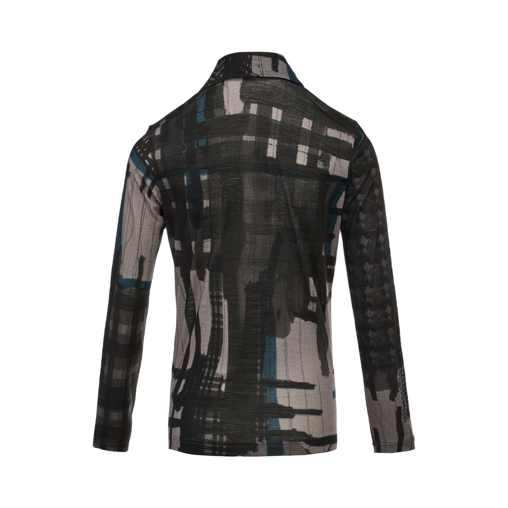 Y's round collar fitted cardigan in an abstract patchwork print combining houndstooth, plaid grid, and gestural brushstroke motifs in black, grey, and teal, with a button-front placket and long sleeves - view 2