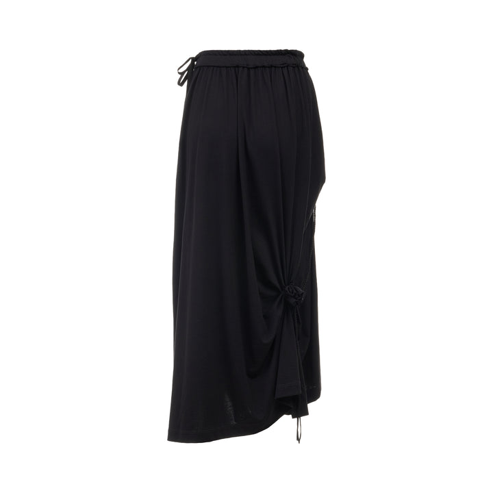 Y's Lace-Up String Flare Skirt in black, featuring elasticated waistband with ribbon tie, ruched drawstring knots, fluid drape, and asymmetric midi hem - view 2