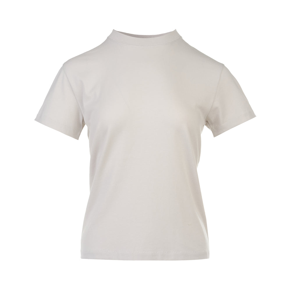 Fear of God Essentials Classic Fit Tee in a neutral off-white tone, featuring a raised mock neckline, short sleeves, and a tailored silhouette