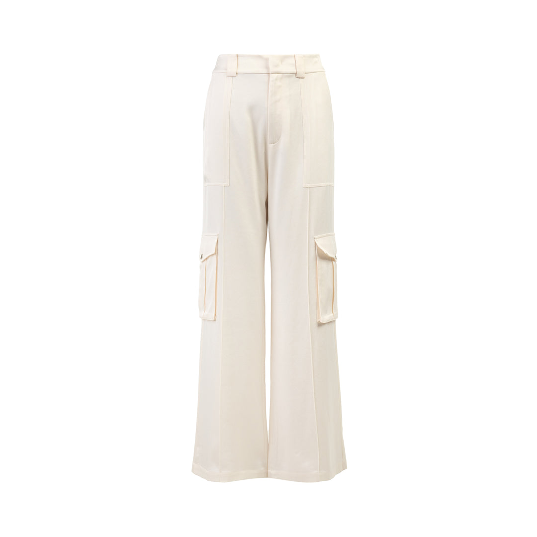 Cream wide-leg high-rise cargo pants in crepe acetate blend with flap pockets and pressed front crease