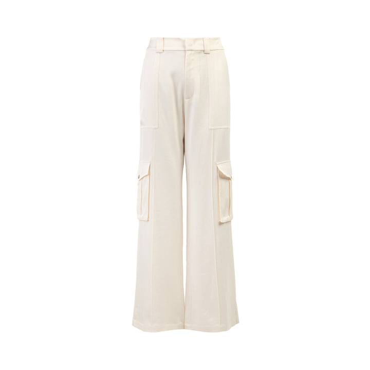Cream wide-leg high-rise cargo pants in crepe acetate blend with flap pockets and pressed front crease