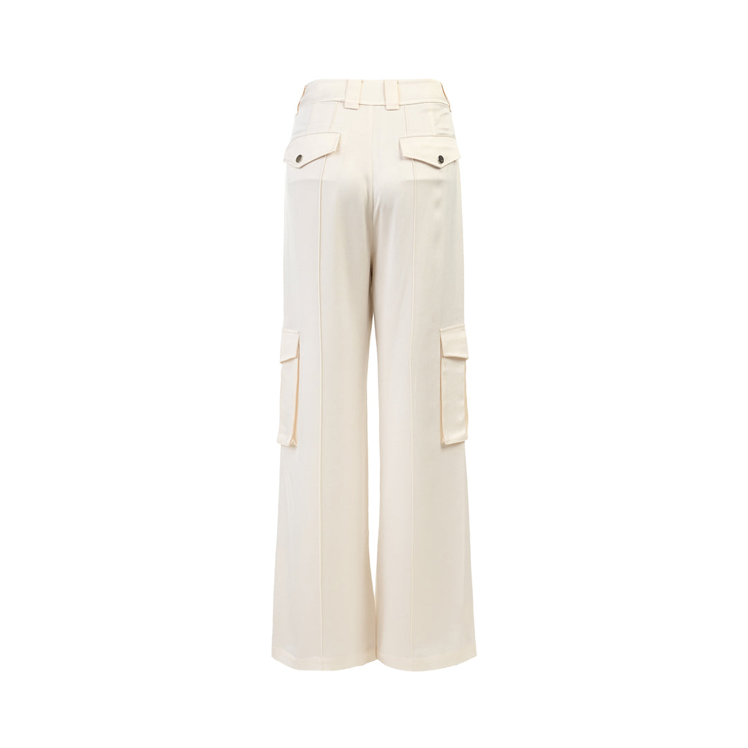 Cream wide-leg high-rise cargo pants in crepe acetate blend with flap pockets and pressed front crease - view 2