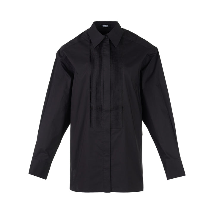 Black cotton tuxedo-style shirt with pleated bib front, concealed button placket and pointed collar from Club21 Collection