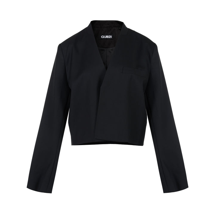 Black cropped collarless jacket in satorial wool mix with asymmetric overlapping front and chest welt pocket