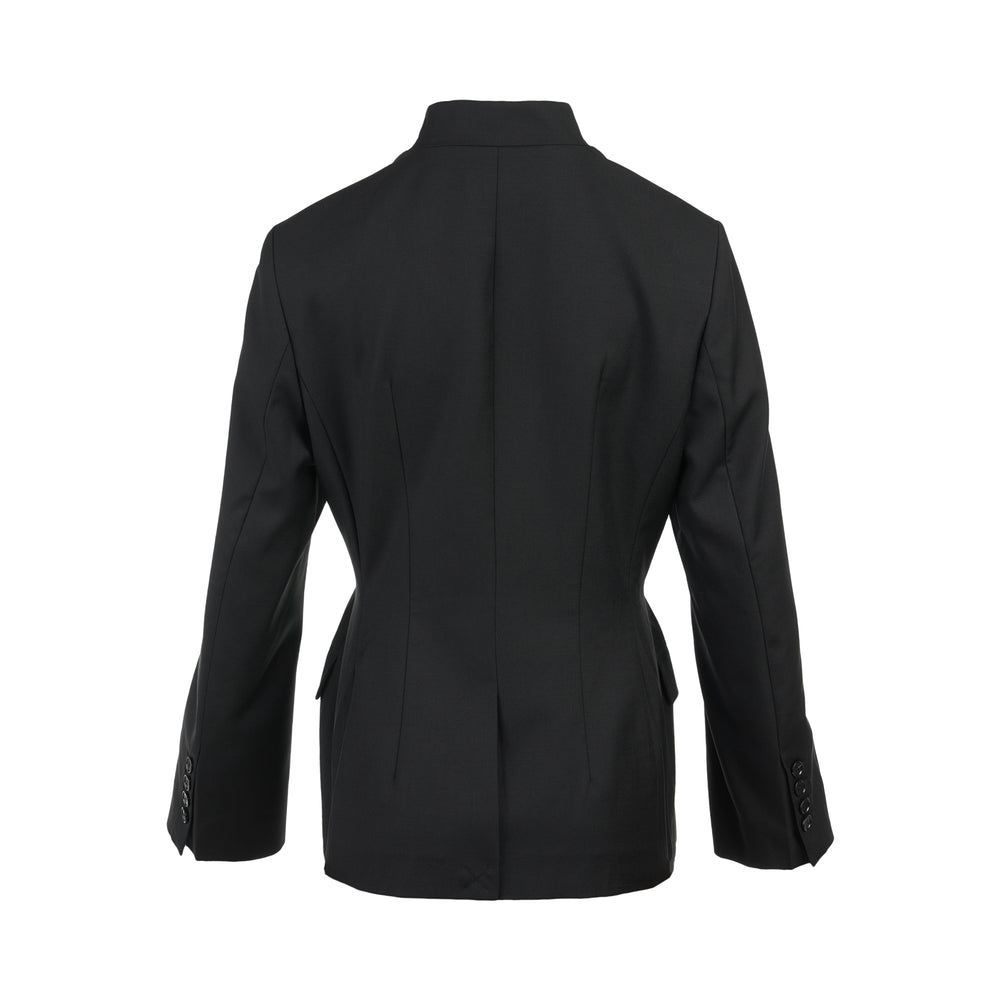 Black wool-mix tailored jacket with asymmetric button front, stand collar, welt chest pocket and flap hip pockets - view 2