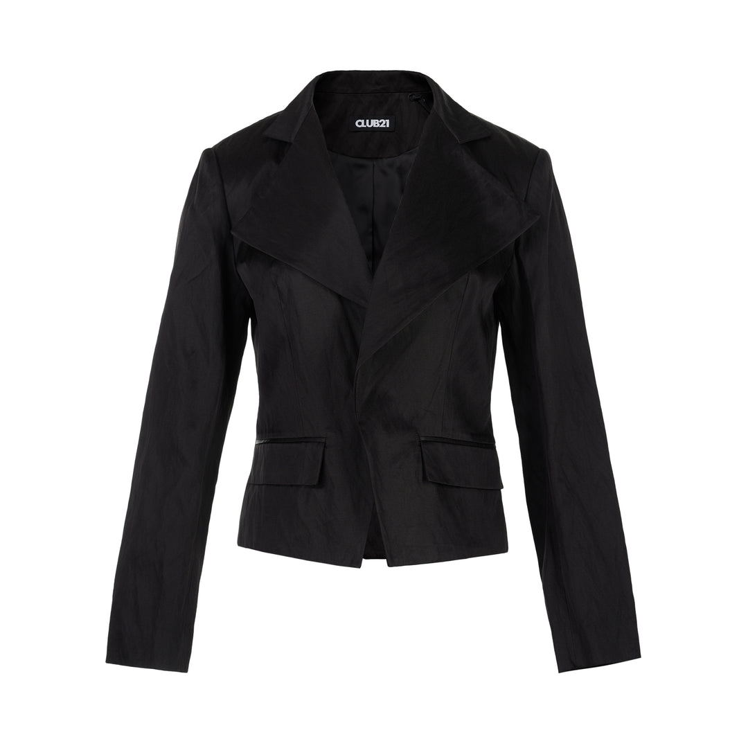 Black cropped blazer with oversized notched lapels, open front and flap pockets in a crinkled steel wire cotton-rayon fabric
