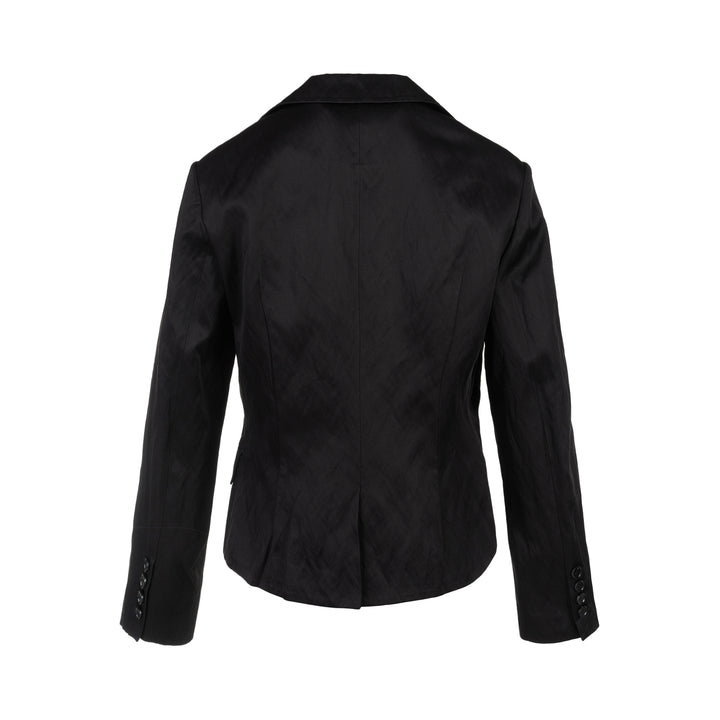 Black cropped blazer with oversized notched lapels, open front and flap pockets in a crinkled steel wire cotton-rayon fabric - view 2
