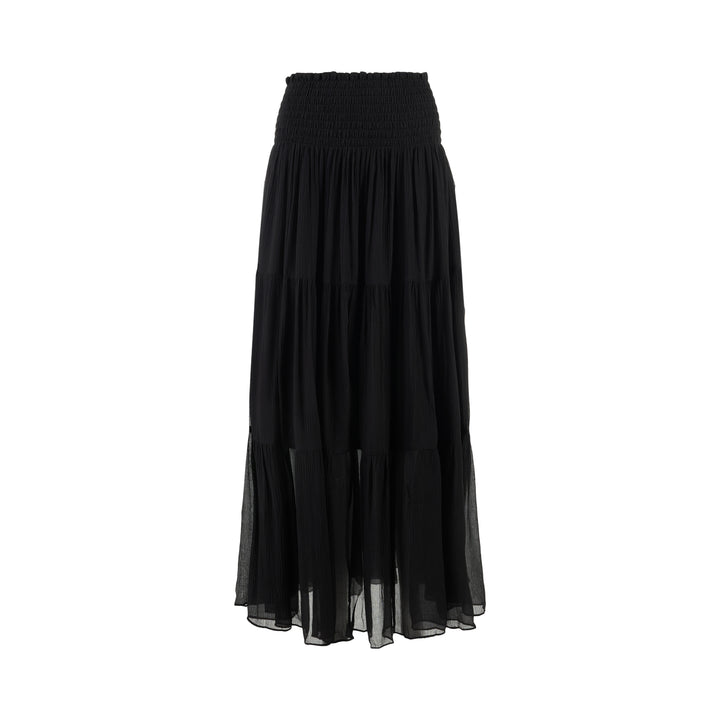 Black tiered maxi skirt in crinkled silk-blend chiffon with a smocked high waist and flowing semi-sheer layers - view 2