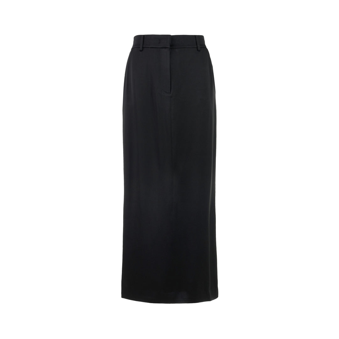 Black high-waisted maxi skirt in crepe acetate mix with tailored waistband and belt loops, shown from the front
