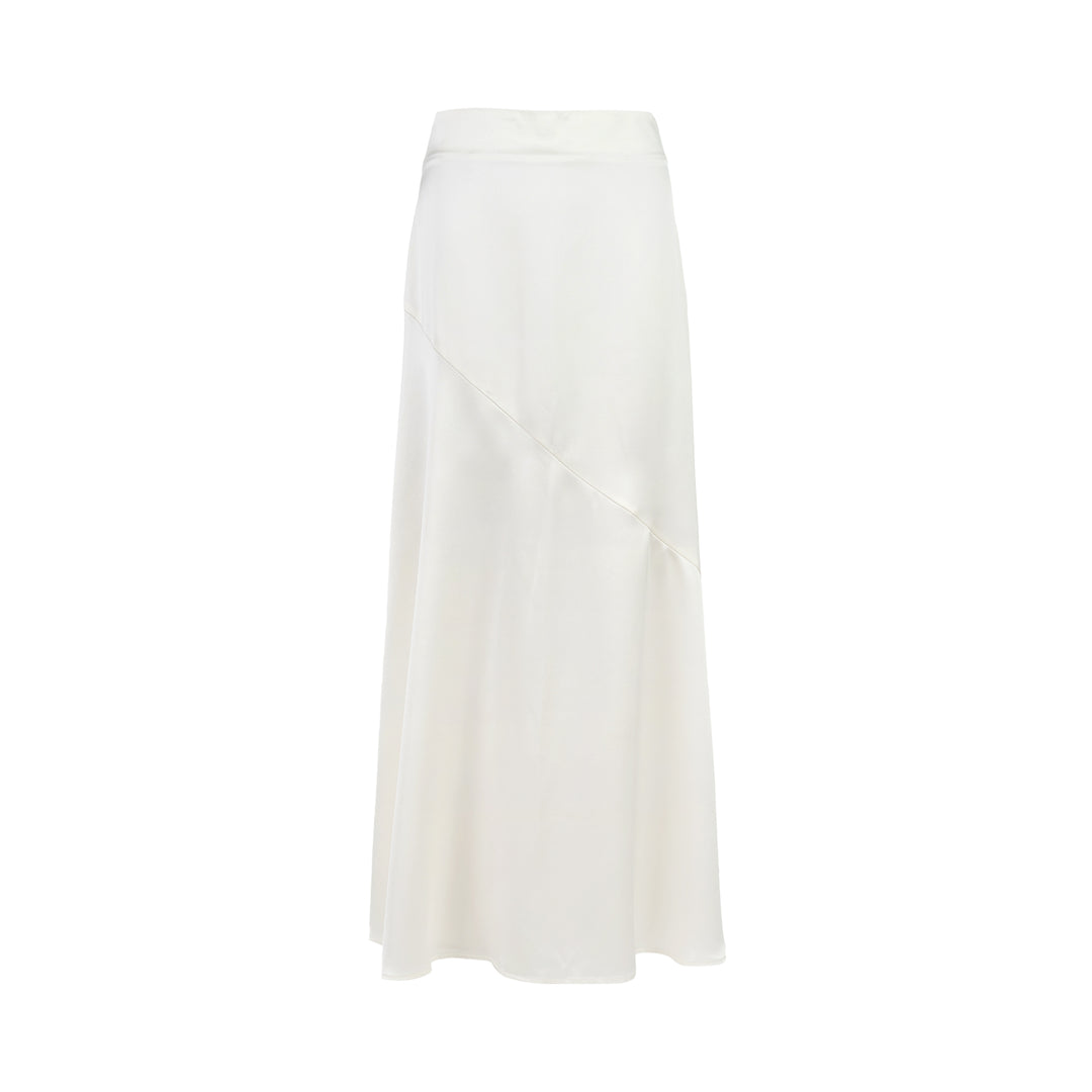 Ivory matte acetate mix maxi skirt with diagonal seam and flared hem, shown from the front