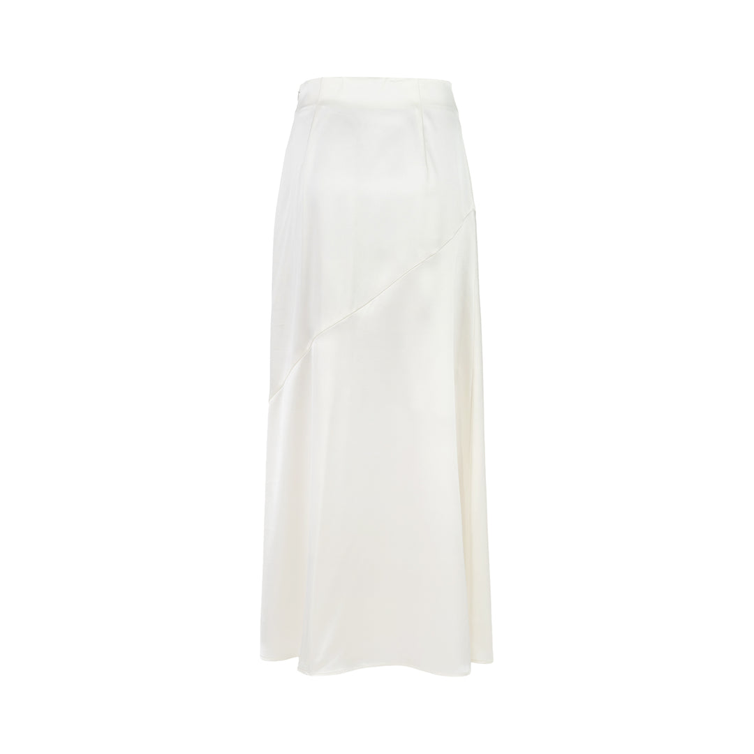 Ivory matte acetate mix maxi skirt with diagonal seam and flared hem, shown from the front - view 2