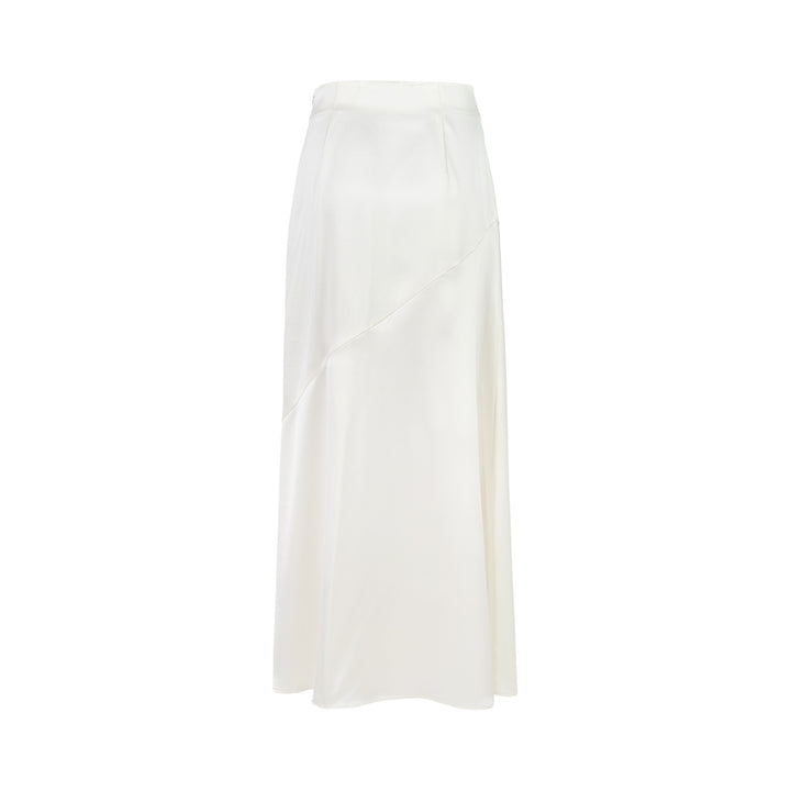 Ivory matte acetate mix maxi skirt with diagonal seam and flared hem, shown from the front - view 2