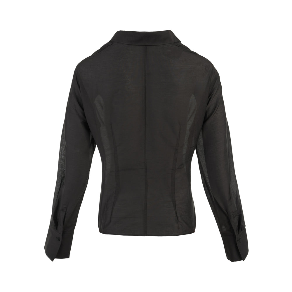 Club21 Collection Juliette black semi-sheer silk cotton blouse with draped cowl neckline, open collar and long sleeves with wide cuffs - view 2