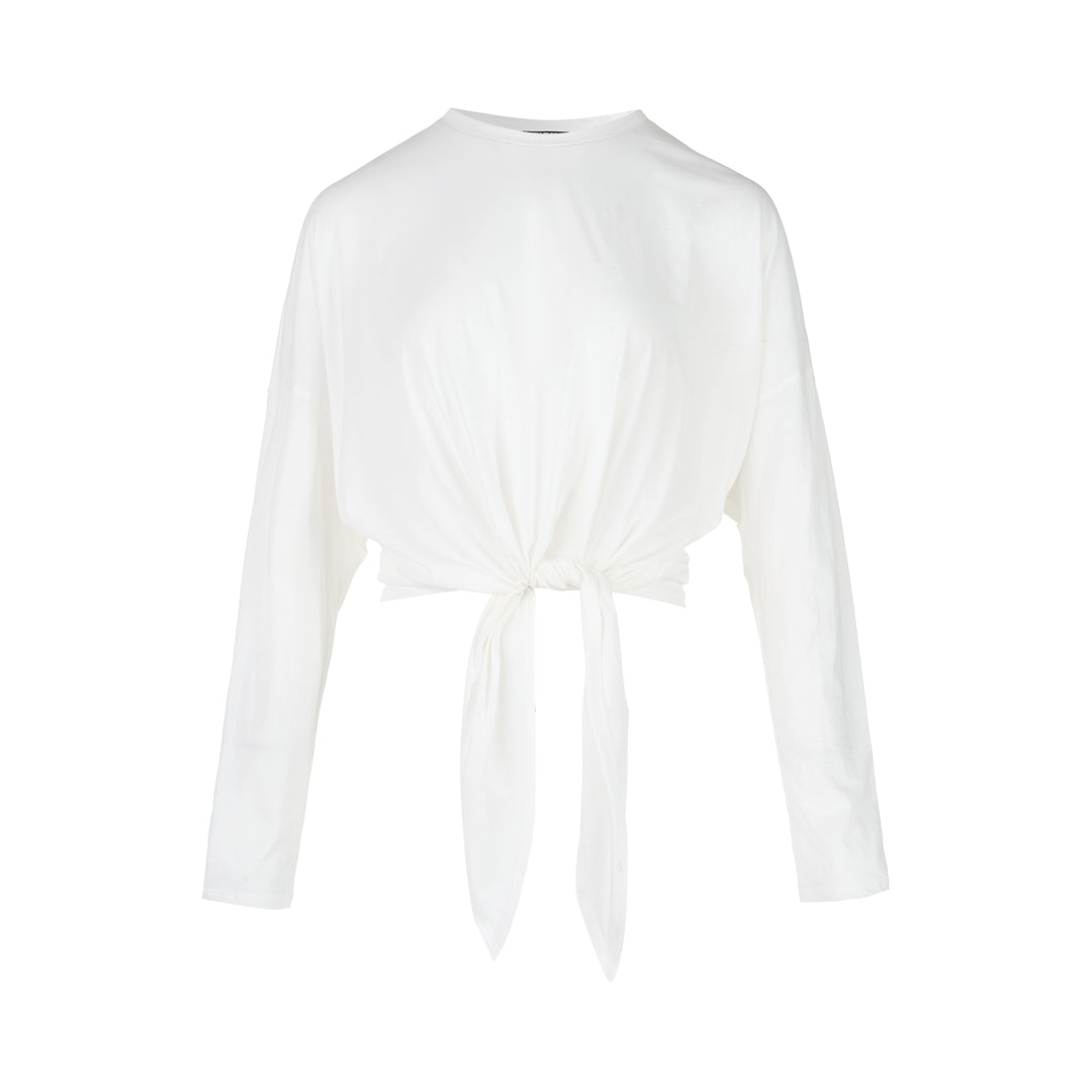 White long sleeve cotton jersey top with crew neckline, dropped shoulders and a knotted tie detail at the front hem
