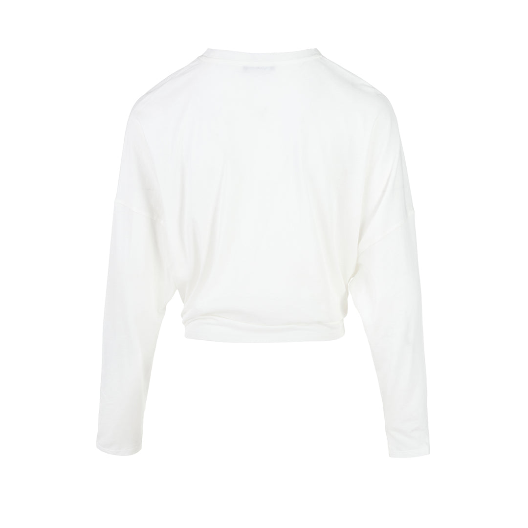 White long sleeve cotton jersey top with crew neckline, dropped shoulders and a knotted tie detail at the front hem - view 2