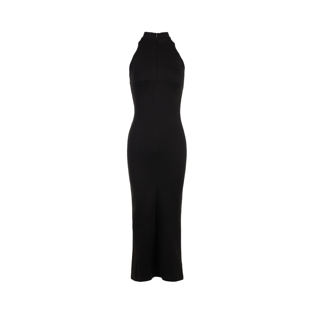 Back view of the Luna sleeveless high-neck midi dress in black stretch modal jersey with a concealed centre back zip