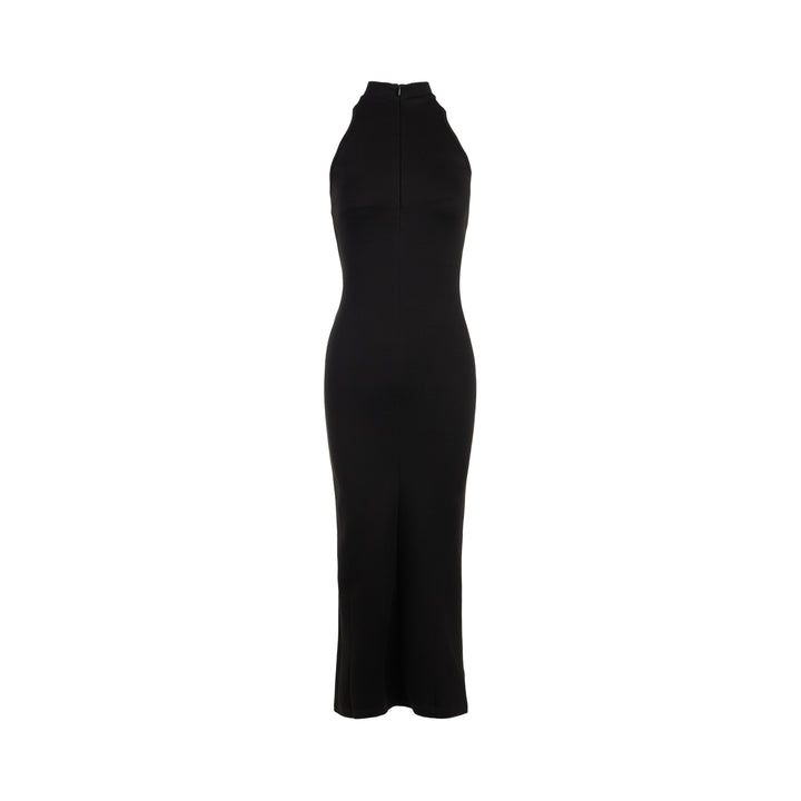 Back view of the Luna sleeveless high-neck midi dress in black stretch modal jersey with a concealed centre back zip