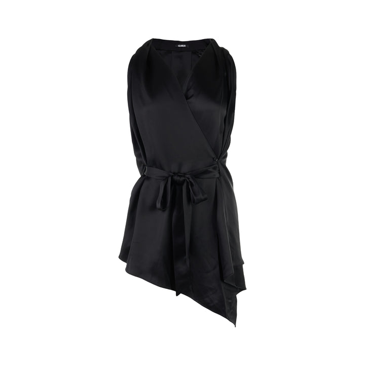 Black sleeveless satin wrap top with a V-neckline, tie waist and asymmetric draped hem from Club21 Collection