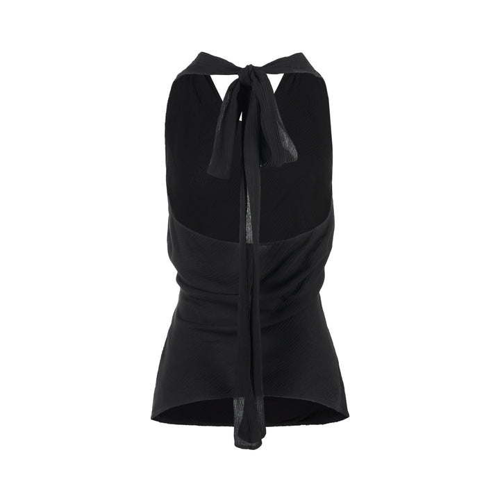 Black sleeveless halter top in crinkled silk-blend fabric with a scooped neckline and self-tie open back - view 2