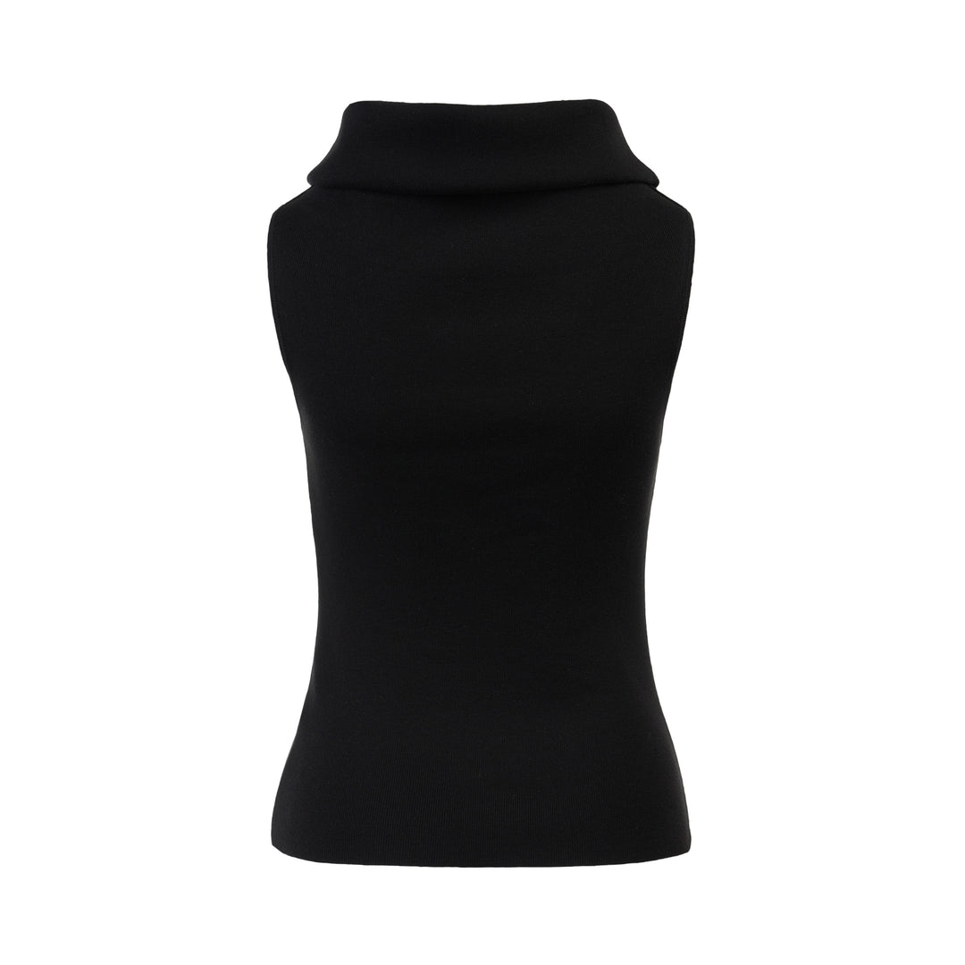 Black sleeveless roll neck knit top in fine ribbed silk cotton yarn, shown flat from the front - view 2