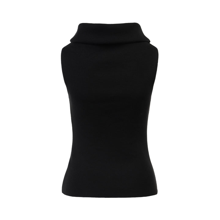 Black sleeveless roll neck knit top in fine ribbed silk cotton yarn, shown flat from the front - view 2