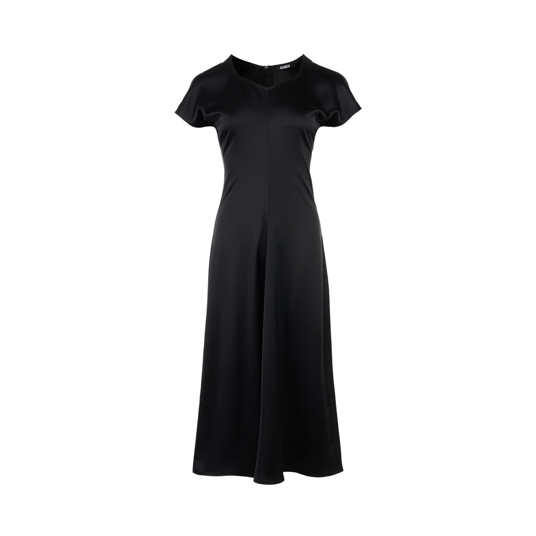 Black matte acetate mix midi dress with sweetheart neckline, cap sleeves and flared A-line skirt by Club21 Collection