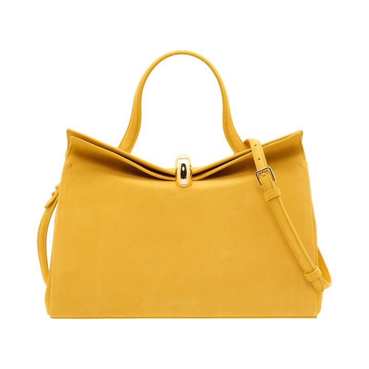 Jacquemus Le Valerie structured tote bag in mustard yellow suede with gold-tone toggle clasp, dual top handles, and adjustable crossbody strap on white background