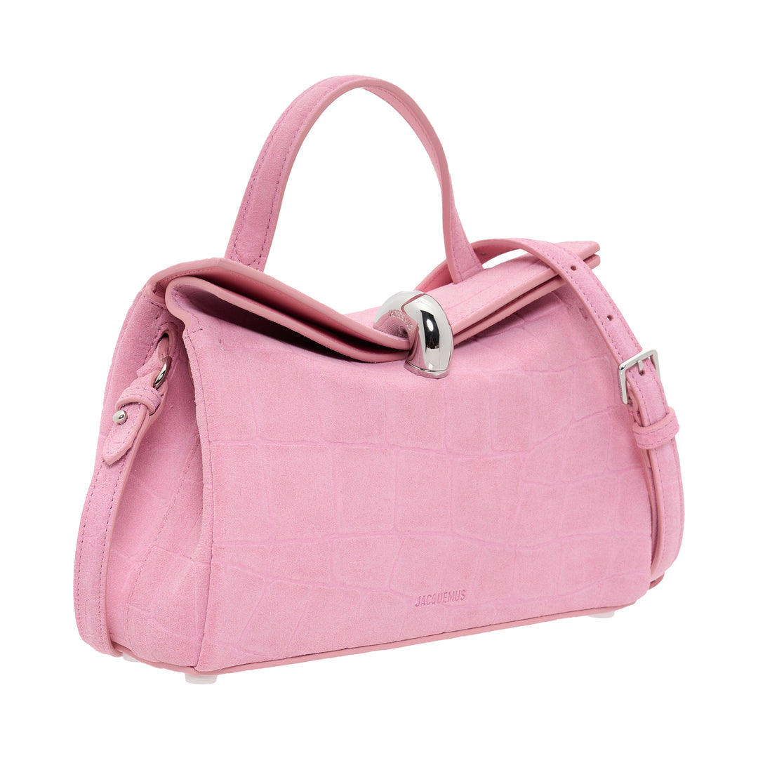Jacquemus Le Petit Valerie handbag in pink croc-embossed leather with rolled top handle, adjustable crossbody strap, and silver turn-lock closure - view 2