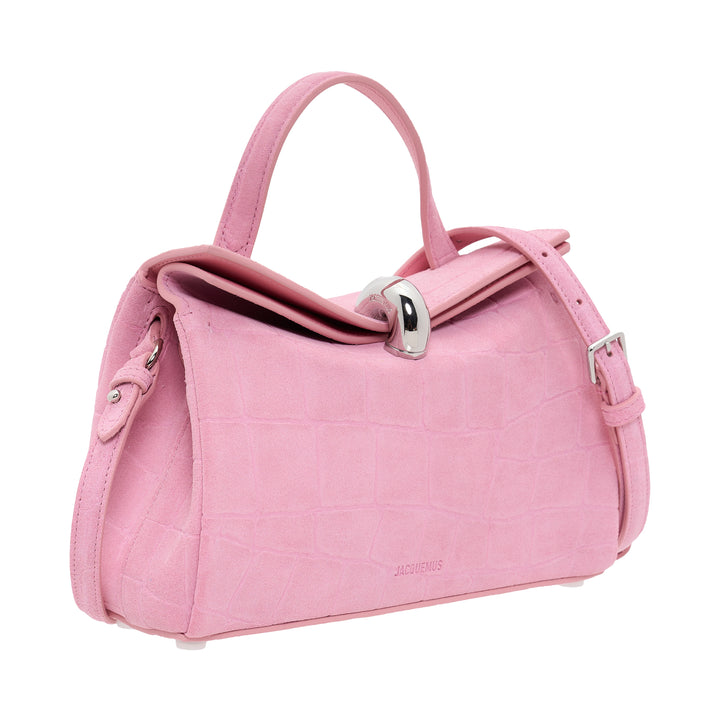 Jacquemus Le Petit Valerie handbag in pink croc-embossed leather with rolled top handle, adjustable crossbody strap, and silver turn-lock closure - view 2