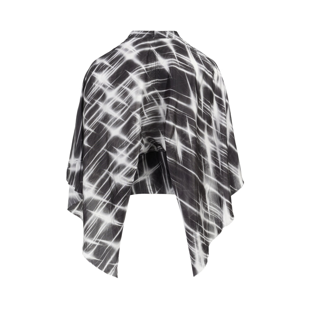 Rick Owens Half Moon wrap top in a black and white starburst print with a kimono-style silhouette and knotted tie front - view 2