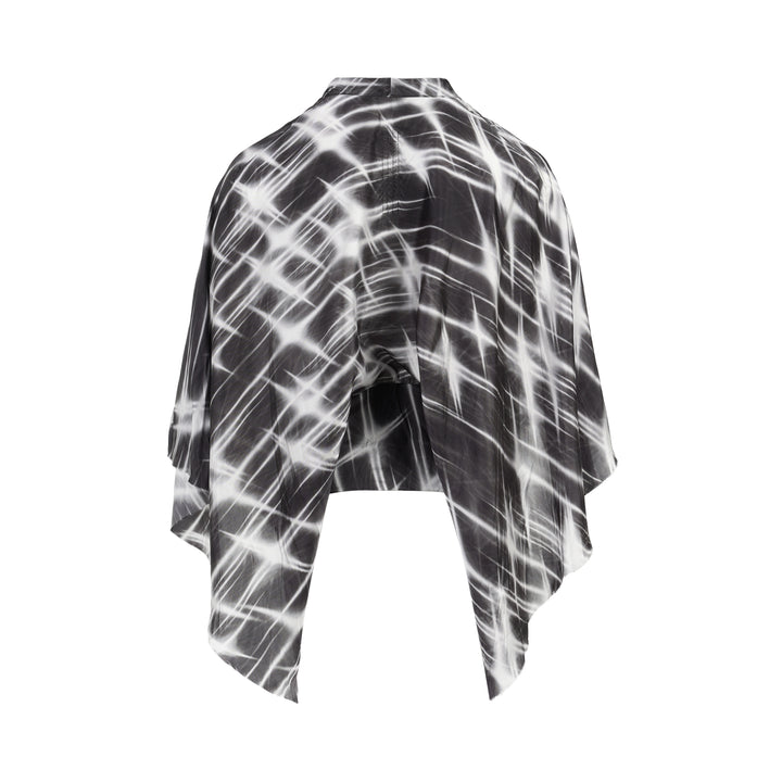 Rick Owens Half Moon wrap top in a black and white starburst print with a kimono-style silhouette and knotted tie front - view 2