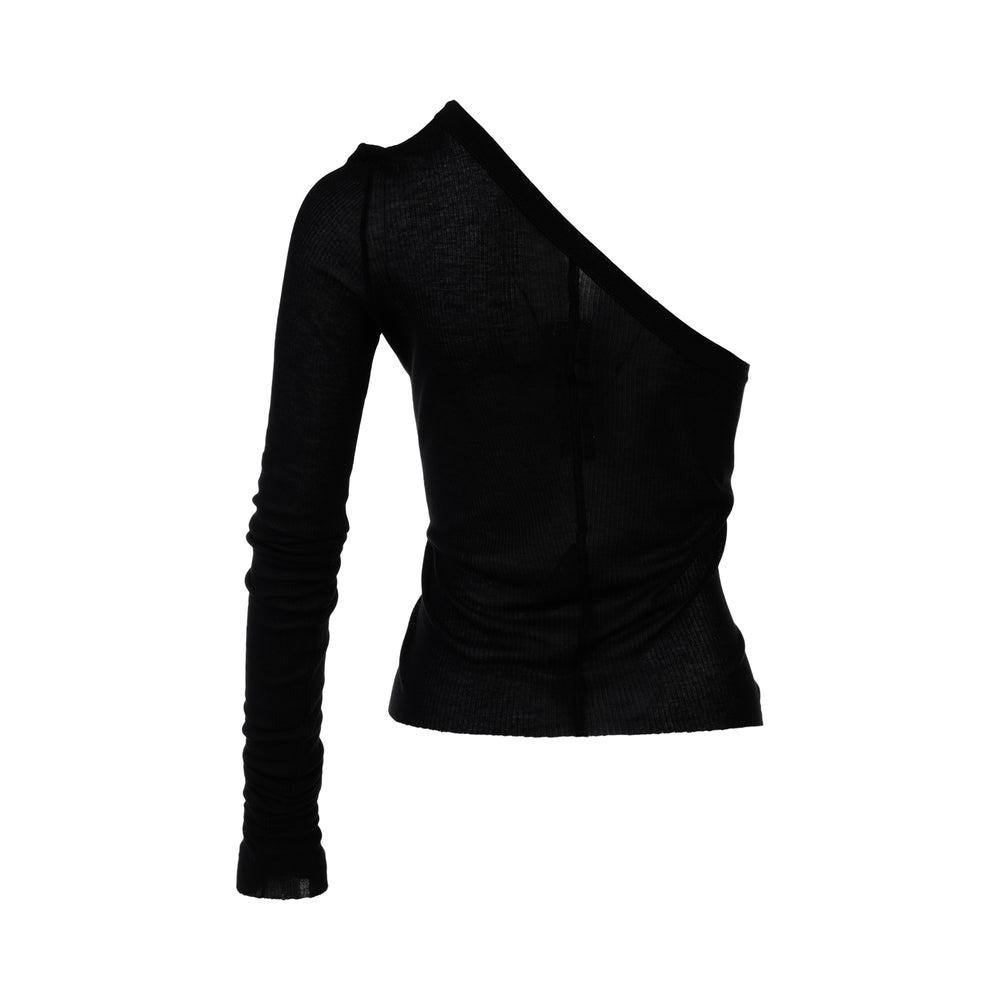 Rick Owens Ziggy black one-shoulder ribbed knit top with a single long ruched sleeve and cropped hem, photographed on a white background