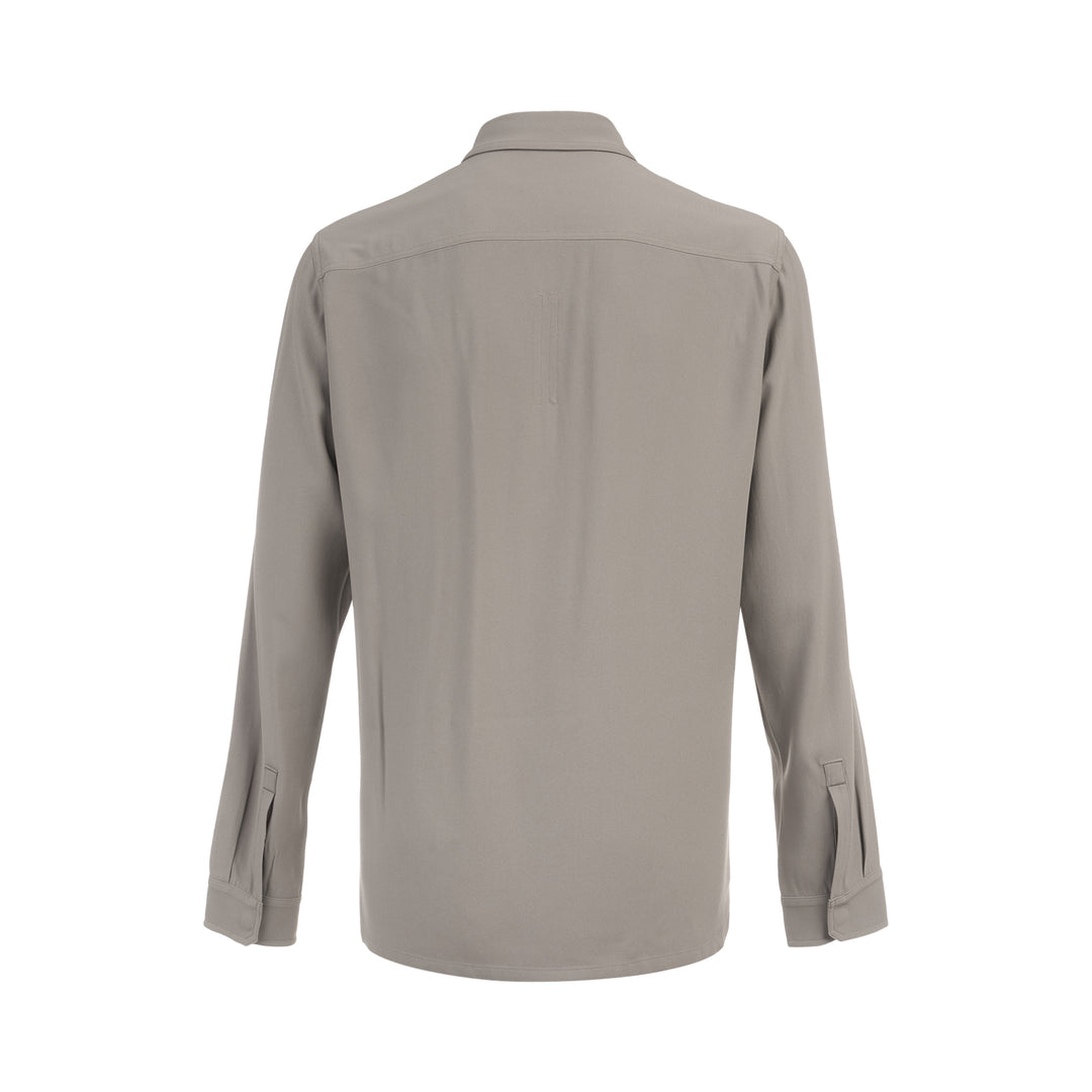 Rick Owens Heavy Cady Long Sleeve Outershirt in taupe-grey with concealed snap placket, dual flap chest pockets, and oversized silhouette - view 2