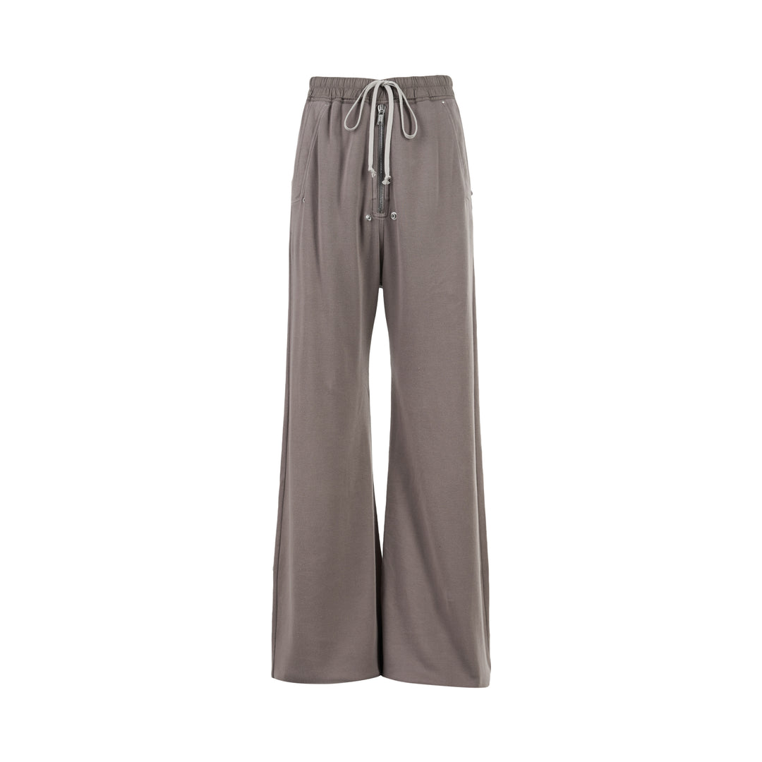 Rick Owens Wide Bela Pants in taupe grey with elasticated drawstring waist, zip-front detail and wide-leg silhouette, shown from the front