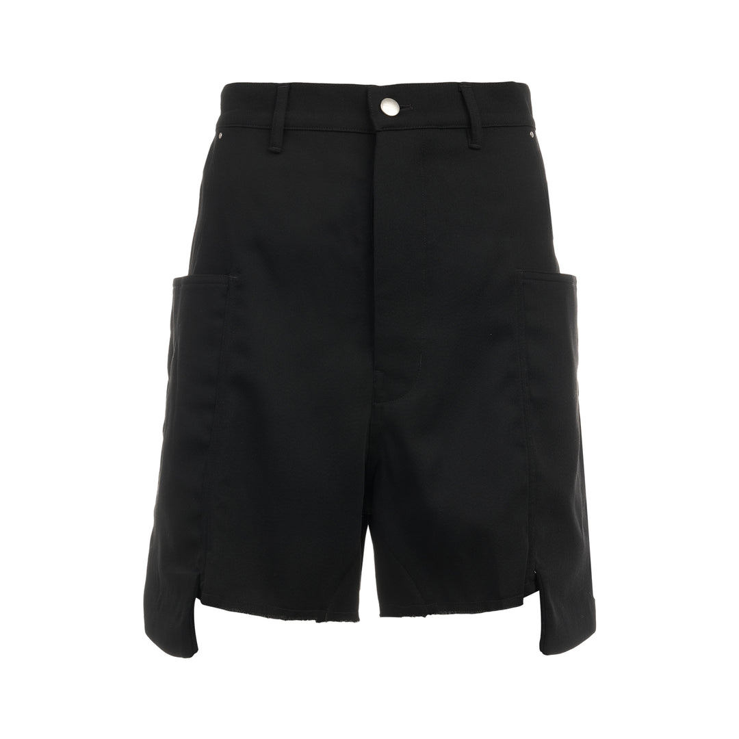 Rick Owens Stefan Cargo Twisted Shorts in black, featuring oversized patch pockets, raw-hem leg openings, and a silver snap button fastening at the waistband