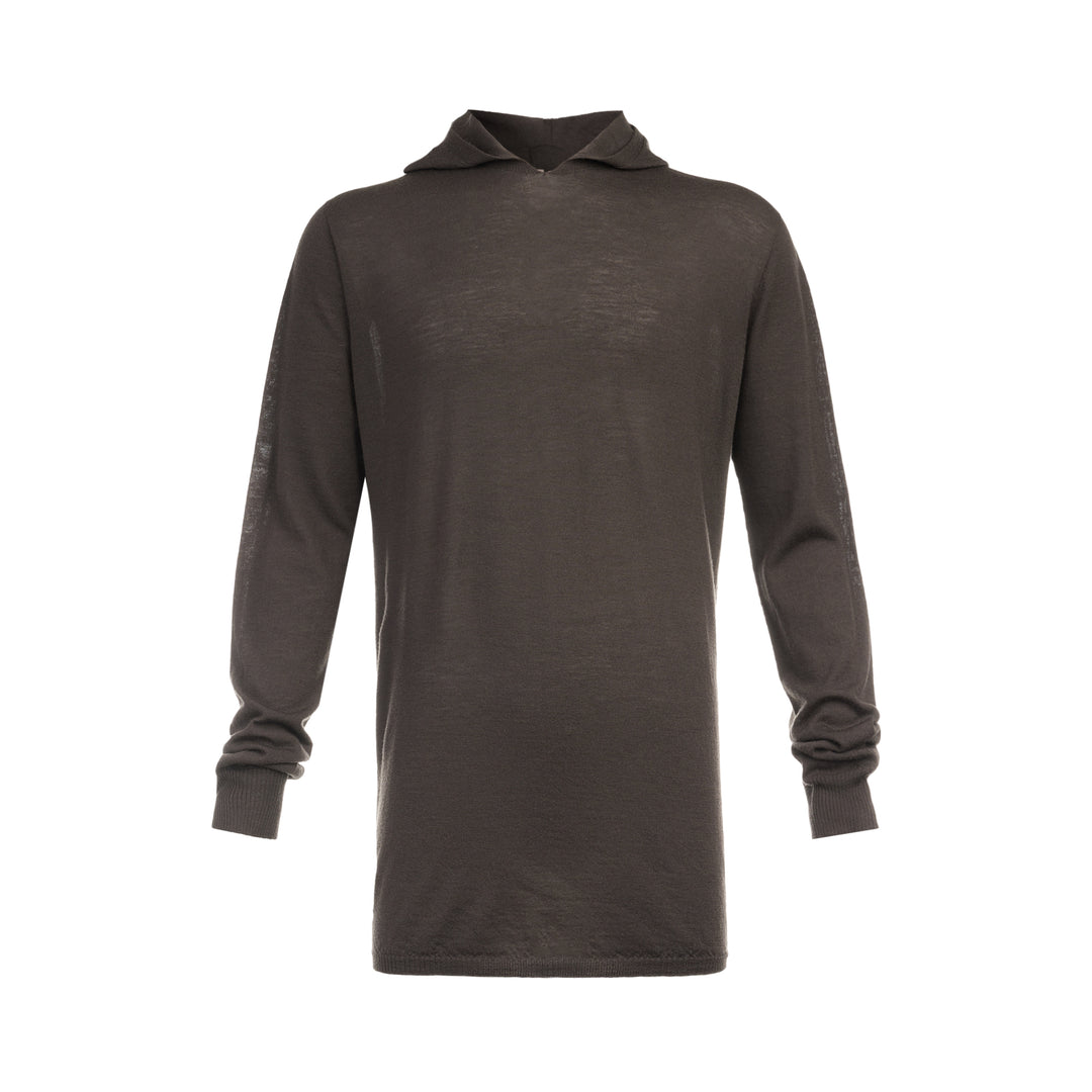 Rick Owens Oversize Knit Hoodie in dark taupe, featuring a fine-gauge semi-sheer knit, elongated body, unstructured hood, and ribbed cuffs with a gathered finish