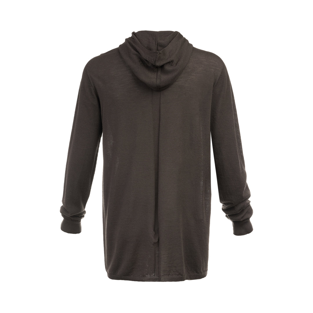 Rick Owens Oversize Knit Hoodie in dark taupe, featuring a fine-gauge semi-sheer knit, elongated body, unstructured hood, and ribbed cuffs with a gathered finish - view 2