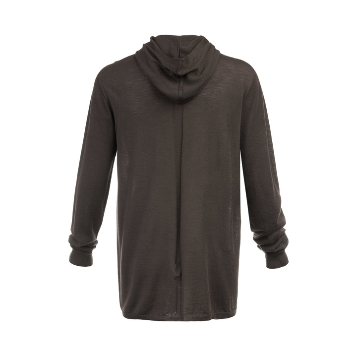 Rick Owens Oversize Knit Hoodie in dark taupe, featuring a fine-gauge semi-sheer knit, elongated body, unstructured hood, and ribbed cuffs with a gathered finish - view 2